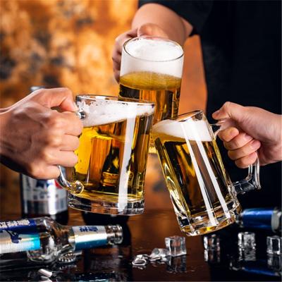 China Wholesale Crystal Glassware Manufacture 340ml Stocked German Beer Glass With Handle Beer Mug Drinking Mug for sale