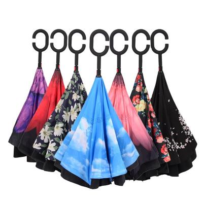 China Wholesale Traditional Double Layer 190t 23 Inch High Quality Reverse Inverted Umbrella With C Shaped Handle for sale