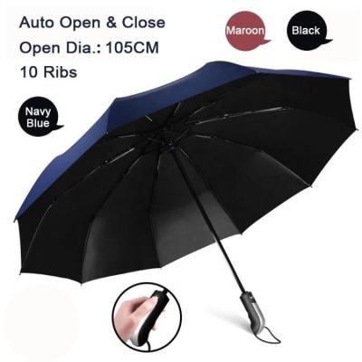 China 23inch 10k Navy Blue Coating Color Sun Business Hot Folds Protective Black Brown Black Windproof Automatic Umbrella 3 for sale