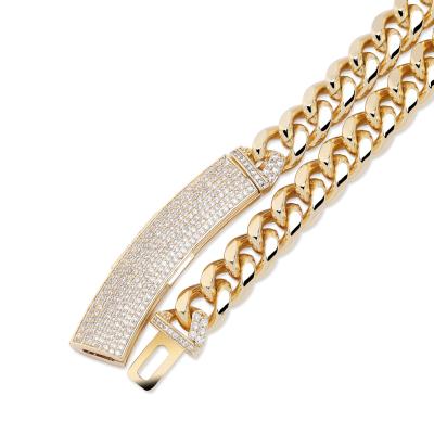 China Hiphop Shanzuan Hiphop 12mm Box Buckle Gold Plated Man's Brass Zircon Stones Cuban Link Chain Necklace for sale