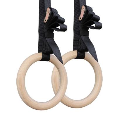 China Durable Sports Wooden Gymnastic Rings With Adjustable Buckle Fasten Anti-Slip Belt For Strength Home Gym Exercising Full Body Workout for sale