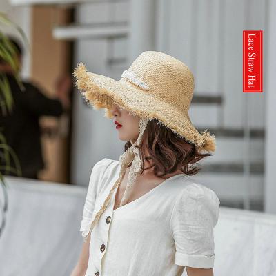 China Straw Hat Women Sun Floppy Disc Plain Grass Striped Knitted Slouch Hat Lady Beach Hat Lace Belt LOGO Wide Brim Hats Custom Made for sale