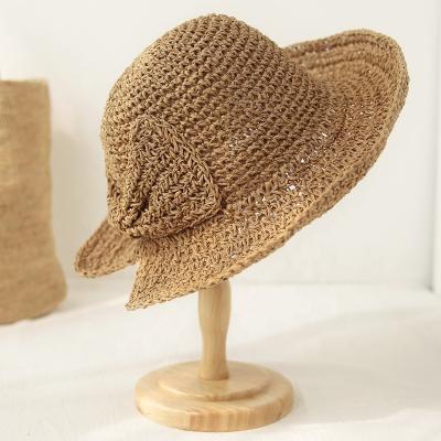 China Soft Hat Customized LOGO Available Curvy Bowknot Cowl Women Handworked Straw Hat Lady Knitting Hat Fashion Dobby Hat for sale