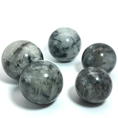 China Wholesale Natural Spheres Europe Black Hair Quartz Crystal Stone Spray Black Tourmaline Ball for sale