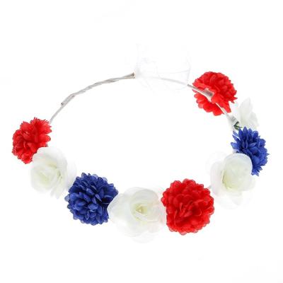 China Festival Decoration Sticks Women's Headband American Flag Red Blue White Flower Crown Stretch Patriotic Floral Headband for sale