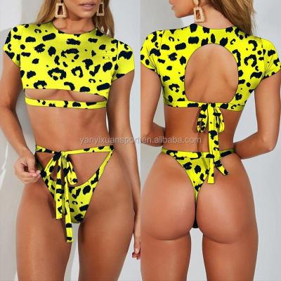 China Fashion Breathable Crop Sleeve Bikini Swimwear Women Leopard Print Bikini Top Short Swimsuit 2020 for sale