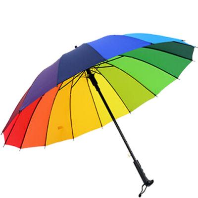 China Straight Shaft Automatic Wind Proof 16K Handle Rain Umbrella 16 Ribs Rainbow Long Umbrella for sale