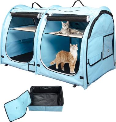 China Viable Portable Breda Compartment Show Cat Cage Twin House with Two Hammocks/Mat and Collapsible Bin for sale