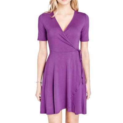 China Women's Short Rayon Summer Fashion Comfy Purple Anti-Static V-Neck Casual Casual Knit Dress for sale