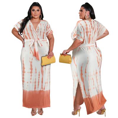 China Viable Wholesale Custom 2022 Women Plus Size Tie Dye Fashion Loose Casual Dress With Belt for sale