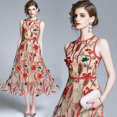 China New Arrival Factory Direct Sale Style Anti-Static French Fancy Embroidered Round Neck Mid-Calf Length Women Vintage Sleeveless Floral Dress for sale