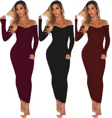 China Wholesale Summer Anti-Static Sexy Bodycon Off Shoulder Long Sleeve Maxi Women Knit Casual Dress In Stock for sale