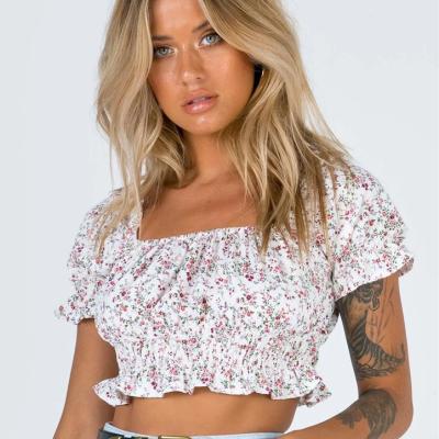 China Anti Pilling Wholesale Off Shoulder Puff Sleeve Floral Women Crop Top for sale