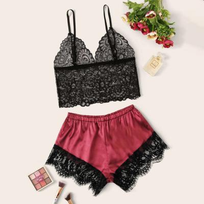 China Women's two-piece sets of sexy transparent imitation silk home lingerie lingerie sets hot wholesale waterproof ladies in stock for sale