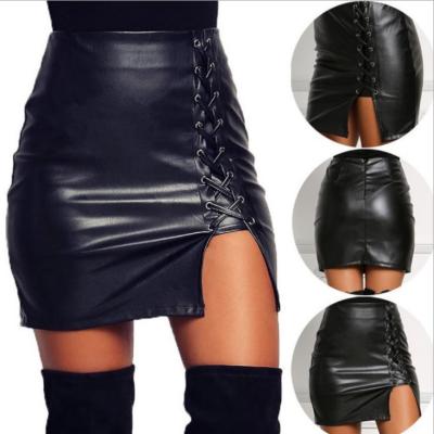 China Plus Size Summer Women High Waist Street Style Sexy Lace Up Skinny Wrap PU Mini Leather Skirt for sale