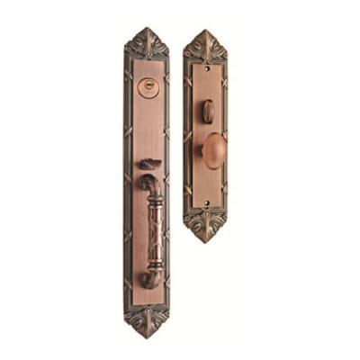 China Durable European Style Single Pull Hotel Antique Red Copper Classic Self Locking Sliding Door Lock Zinc Alloy Handle for sale