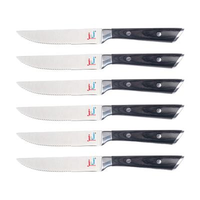 China High Quality Viable Serrated 6 Pieces Stainless Steel Serrated Dinner Knives With Wooden Pakka Handle Steak Knife Set for sale