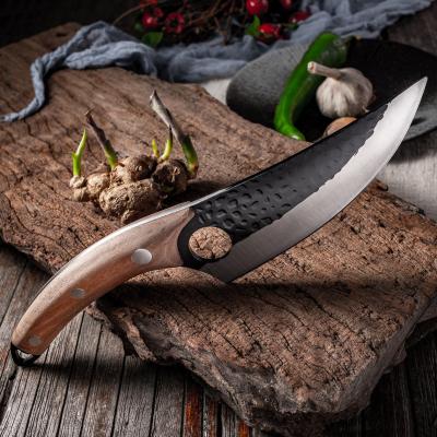 China Viable Life Size Hand Forged Butcher Rosewood Handle Curved Carbon Steel 5inch Boning Kitchen Knife With Leather Sheath Chef Knives for sale