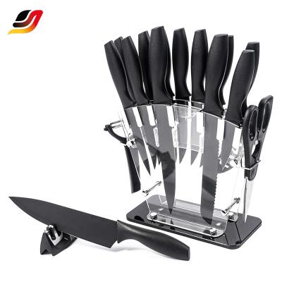 China 17 Pcs Sustainable Kitchen Knives Non Stick Stainless Steel Sustainable Chef Knife Luxury Black Kitchen Knife Set Wedge Acrylic Block for sale