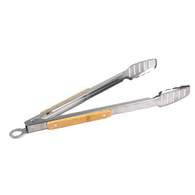 China Easily Easily Cleaned Cleaned Anti-scald Wooden Kitchen Accessories Long Handle Bread Tongs Stainless Steel BBQ Tongs for sale