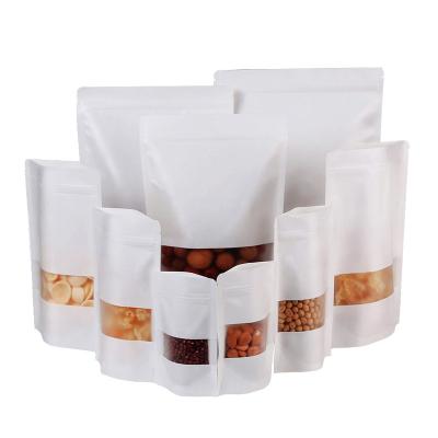 China Recyclable Biodegradable White Kraft Paper Holder With Frosted Window Pocket Zip Lock Dried Biodegradable Food Packaging Bag for sale