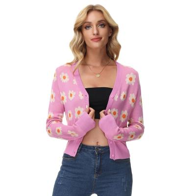 China Anti-Wrinkle Custom Knit Factory Wholesale Flower V-neck Long Sleeve Daisy Woman Open Front Cropped Cardigan Knitted Sweater Ladies for sale