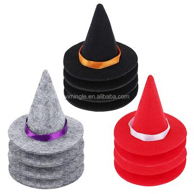 China Eco-Friendly Material Halloween Mini Felt Witch Hats Wine Bottle Toppers Candy Covers Table Decor Ornament Gifts Wizard Hat Accessory for sale