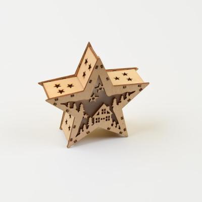 China Europe Wooden Christmas Ornaments High Quality Rustic Decor Led Star Wooden Warm Five-pointed Decoration for sale