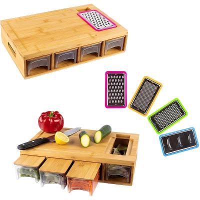 China Large wholesale bamboo cutting board stocked with trays/drawer/container and bamboo covers for sale