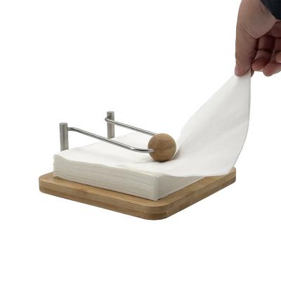 China Vintage Table Centerpiece Elegant Flat Napkin Holder Eco-Friendly Bamboo Paper Napkin Holder With Rustic Stainless Steel Weighted Arm for sale