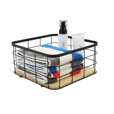 China Wholesale Square Stored Pine Wood Base Shape Iron Wire Metal Storage Basket For Home for sale