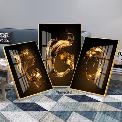 China Original Golden Art Crystal Porcelain Abstract Decorative Wall Painting 3 Panel Abstract For Home Decor Hotel for sale