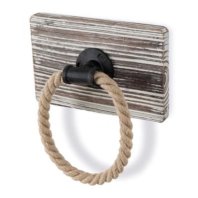 China AHOME KOREAN Rustic Mounted Wooden Rope Towel Ring Wall Bathroom Wooden Towel Rack for sale