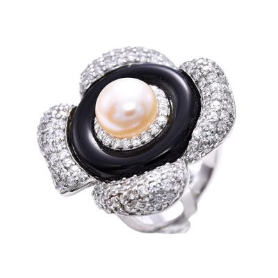 China CLASSIC Micro Pave Set Big Pearl Ring , Ladies Flower Rings Design for sale