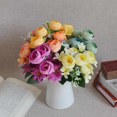 China 5 Small Rose Heads Bouquet Durable Colorful Artificial Silk Tea Roses Flowers For Room Deco for sale