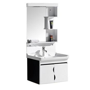 China Modern Bathroom Vanities White And Black 600x480mm PVC Mirror Bathroom Cabinet With Light And Ceramic Wash Basin for sale