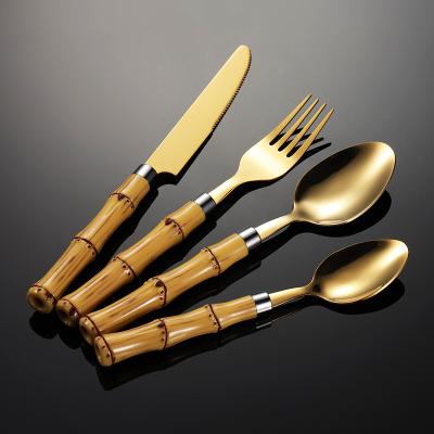 China Sustainable Hot Selling Eco-friendly Flatware Set Real Bamboo Handle Fruit Fork Spoon Knife Stainless Steel Cutlery Set for sale