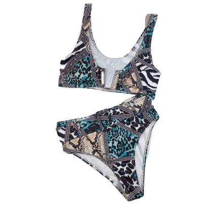 China Custom Print Breathable Two Piece Buckle Snake Skin Bikini Set Private Label Waist Beach Wear Bikini Top for sale