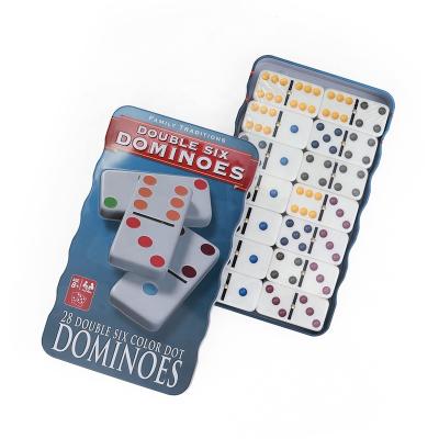 China Environment friendly customized double 6 5010 white dominoes color dots with nail can print your logo on the domino and tin box for kids adult game for sale