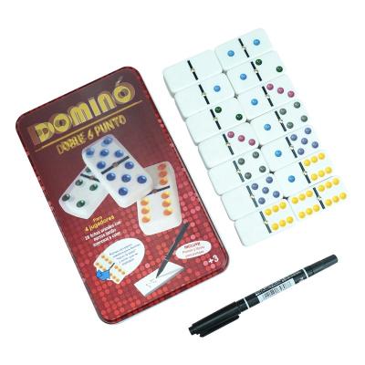 China White melamine factory custom 28 dominoes double 6 color point with a pen and scorepad in tin box packing for board game for sale