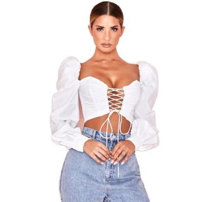 China Women Streetwear Fashion Anti Shrink Off Shoulder Puff Sleeve Lace Up Front Blouses Crossed Thongs Crop Top for sale