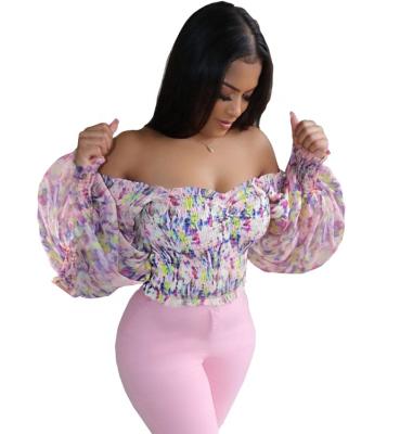 China Women Streetwear Fashion Anti Shrink Off Shoulder Floral Chiffon Pleated Waist Crop Top Blouses for sale