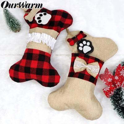 China Perfect for Gifts for Dogs or Cats Ourwarm Christmas Decoration Supplies Red and Black Christmas Plaid Dog Bone Stocking in Bulk for sale