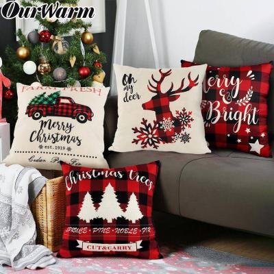 China OurWarm Christmas Deer Navidad Sofa Pillow Cover Red Black Plaid Folded Christmas Pillow Cover for sale