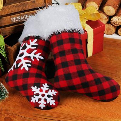 China Wholesale Ourwarm Cotton and Fur Large 18 Inch Cotton Snowflake Red and Black Buffalo Plaid Faux Fur Christmas Stocking in Bulk for sale