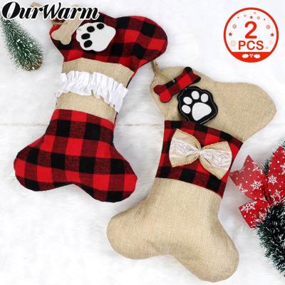 China Perfect for Gifts for Dogs or Cats Ourwarm Wholesale Christmas Decoration Dog Bone Burlap Plaid Christmas Stocking for Pet for sale