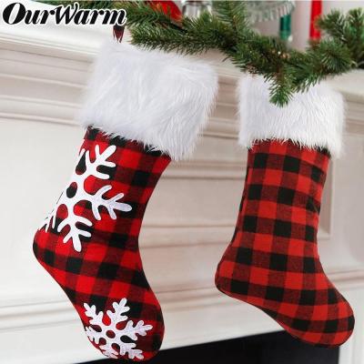 China Ourwarm Christmas Decoration Cotton and Fur 18 Inch Red and Black Buffalo Plaid Christmas Stocking with Snowflake for sale