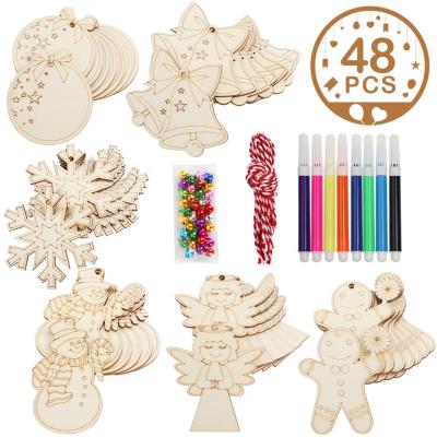 China Ourwarm New Arrival 48pcs Wooden Wood Slices 6 Pattern DIY Wooden Christmas Tree Ornaments Hanging Kids Gifts Supplies for sale