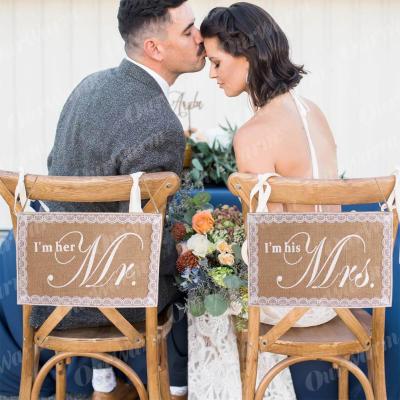 China Marry Mr. and Mrs. Canvas Chair Banner Bride and Groom Chair Signs Vintage Style Wedding Decoration Decor for sale