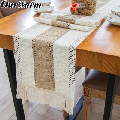 China Jacquard OurWarm 12*108 in Beige Hollow Macrame Burlap Cotton Table Runner Boho Home Dining Decor for sale